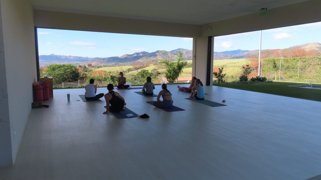 Un grupo de yoga estirando viendo las montañas